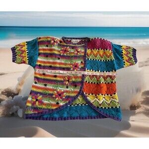 Vtg Jennifer Reed Hand Knit Sweater Flower Power Boho Shoulder Pads Lady Small